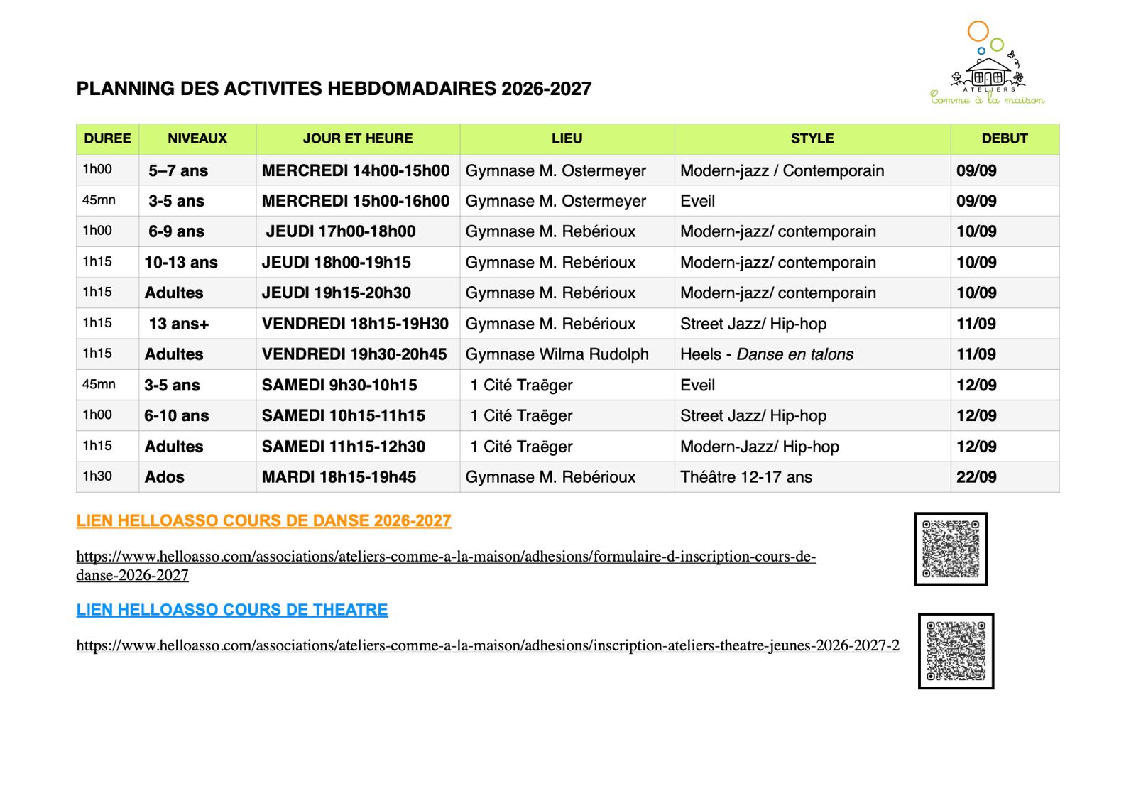 Planning des activités